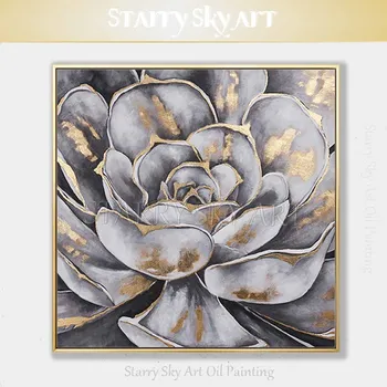Pôvodné Cena Ručne maľované Vysokej Kvality Šedá Kvet so zlatou Fóliou olejomaľba na Plátno Krásne Sivé Kvet Maľby akrylom