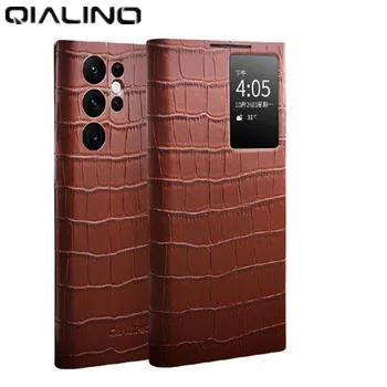 Pôvodné Qialino pravej Kože S Výhľadom vyklápací Kryt Pre Samsung Galaxy S22 Ultra PLUS Krokodíla Textúra Okne Displeja Smart Case
