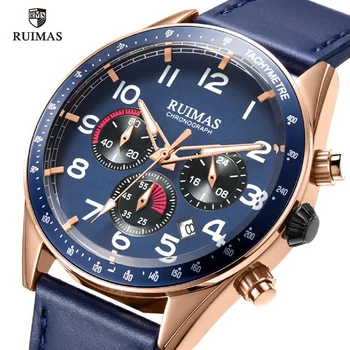 RUIMAS Quartz Chronograf Hodinky Mužov Luxusné Vojenské Športové Náramkové hodinky Muž Modré Kožené Hodinky Muž Relogios Masculino Hodiny 574
