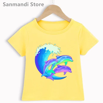 Rainbow Obrie Vlna, Dolphin Tlač Tričko Dievčatá/Chlapci V Lete Deti Oblečenie Biela/Ružová/Žltá T Shirt 3-13 Rokov Batoľa Oblečenie