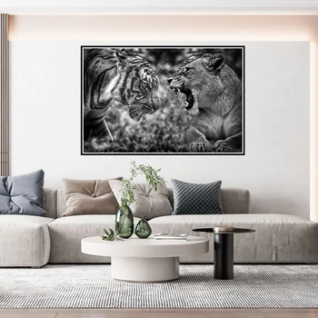 Realistický Štýl Lev a Tiger Boj Zvieratá Plátno na Maľovanie na Stenu Umenie Obrázok Tlače Galéria, Obývacia Izba Interiér Domova