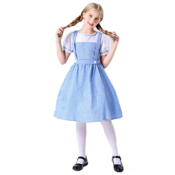 Roztomilý Dievča Halloween Cosplay Kostým Dorothy Slúžka Modré Kockované Šaty S Vlasy Kapely Oktoberfest Dirndl