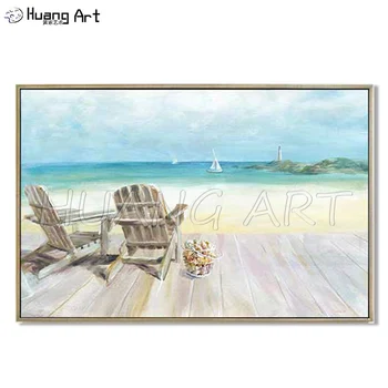 Ručné Vysoko Kvalitný Moderný Seascape Plátno olejomaľba na Obývacia Izba Dekorácie Dve Stoličky na Pláži krajinomaľbou
