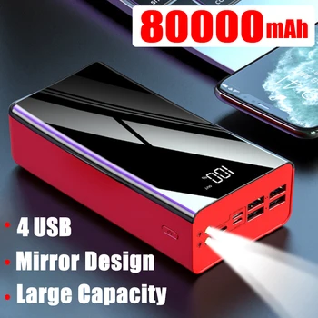 Rýchle Nabíjanie Power Bank 4USB Prenosné 80000mAh Nabíjačku Zrkadlo Digitálny Displej Externé Batérie 2LED Pre iPhone Xiao