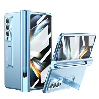 S Perom Pokovovanie Kožené Mobil obal Pre Samsung Galaxy Z Násobne 4 3 5 G Magnetický Stojan Uhlíka Fibe Screen Protector Kryt Telefónu