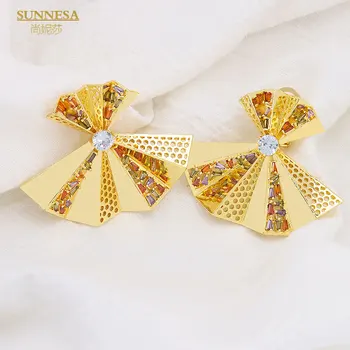 SUNNESA taliansky 18k Zlatom Pozlátené Náušnice pre Ženy Geometrické Luxusné Farebné Zirkón Veľké Africké Klip Náušnice Šperky Dubaj