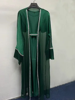 Sequin Otvoriť Abayas pre Ženy s Dlhými Vnútorné Šaty Luxusné Moslimských Dubaj Marocký Kaftan Šaty Cardigan Set s Korálkami Pás Hija