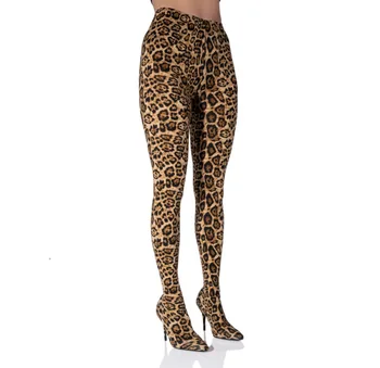 Sexy Pantboots Leopard Tlač Chôdza Zobraziť Výkon Jumpsuit Topánky Tenké Vysoké Podpätky Ženy, Dlhý Rukáv, Topánky Žena Lady Size47
