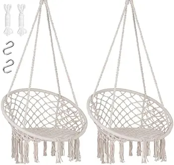 Stolička Macrame Swing s Bočné Vrecko, Visí Bavlnené Lano hojdacia sieť Swing Stoličky pre Vnútorné a Vonkajšie Použitie, 330 lbs Kapacity, Beig
