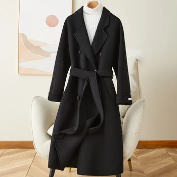 Stredná dĺžka obojstranné cashmere kabát pre ženy na jeseň a v zime roku 2023, nový high-end Hepburn štýl 100 vlny kabát