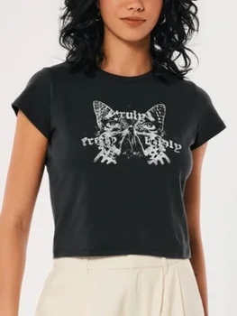 Super elegantné bavlna letné T-shirt dámske mačka tlače grafické tričko čierne sivé krátke rukávy okrúhle krčný bežné tee top pre ženy