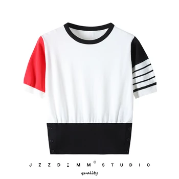 TB červenej a bielej farby zodpovedajúce kolo krku prekladané štyri-bar ice hodváb-krátke rukávy t-shirt dámske pás tenké top