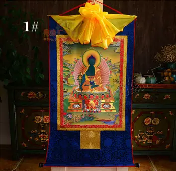 Tibetská Medicína Buddha Tlač Hodváb Pozlátený Thangka Thanka Bhaisajyaguru 61CM izba dekor stenu decor