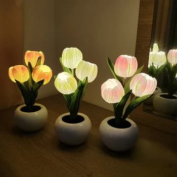 Tulipán Kytice Stolové Svietidlo pre spálne Dekoratívne Atmosféru Stolná Lampa s Umelé Kvety, nočné lampy domova noc lampy