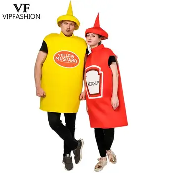 VIP MÓDNE Unisex Cosplay Kostým Halloween Dospelý Pár, Horčica Kečup Jumpsuit s Spp Ženy Muži Strany Zábavné Jedlo Oblečenie