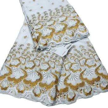Vyšívané Švajčiarskej Čipky Tkaniny pre Ženy, Biela a Zlatá Šaty Odev, 5 Metrov
