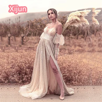 Xijun Lesk Sequin Morská Víla Prom Šaty Lištovanie Sexy V Krku Ženy Večerné Šaty Lístkového Rukávy Party Šaty Vestidos De Gala 2023