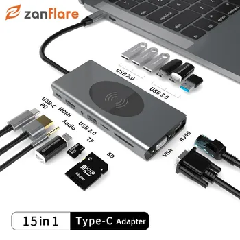 Zanflare 15 v 1 Typ C Hub Dokovacej Stanice, USB Hub, Aby 4K HDMI, RJ45 Kompatibilné Bezdrôtové Nabíjanie PD 100W Rýchle Nabíjanie USB 3.0 Adapter