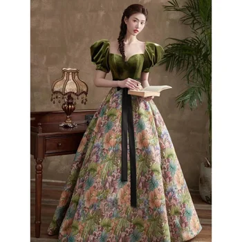 Zelená Večera šaty gala lístkového rukáv princezná šaty flower Banquet Večer Retro lano H889