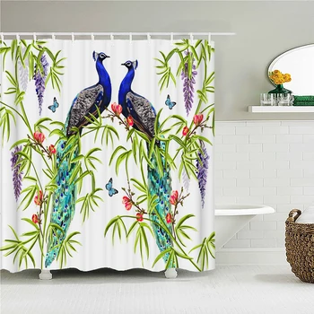 Čína Vták Vytlačené Vaňa Opony Nepremokavé Opony 3D Polyester Textílie Sprchový Záves s Háčikmi pre Umývateľný Kúpeľňa Decor