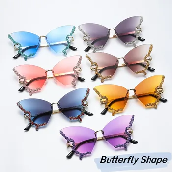 Štýlový Diamantový Butterfly-tvarované Okuliare Muži Ženy Luxusný Dizajn bez obrúčok Slnečné Okuliare Módne Dámske Letné Beach Okuliare