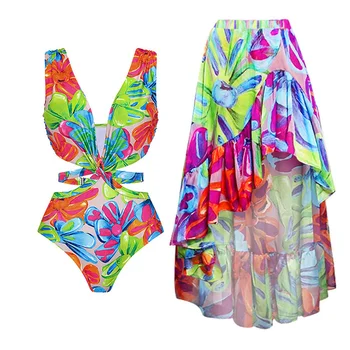 Ženy 2023 Nové Retro Rozstrapatené Vytlačené jednodielnych Plaviek a Sukne Letné Bikiny zakryť Plavky Ženy plážové oblečenie plavky